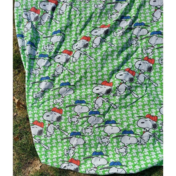 Snoopy Baseball Green White Twin Fitted Flat Pillow Sheet Set Vintage c. 1958 - Picture 13 of 14